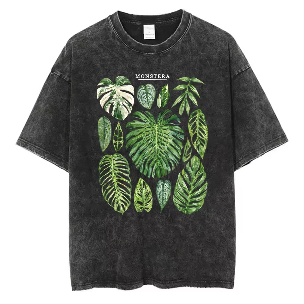 Acid Wash Vintage Graphic T Shirt - Monstera Leaves Graphic T-Shirt Washed Cotton