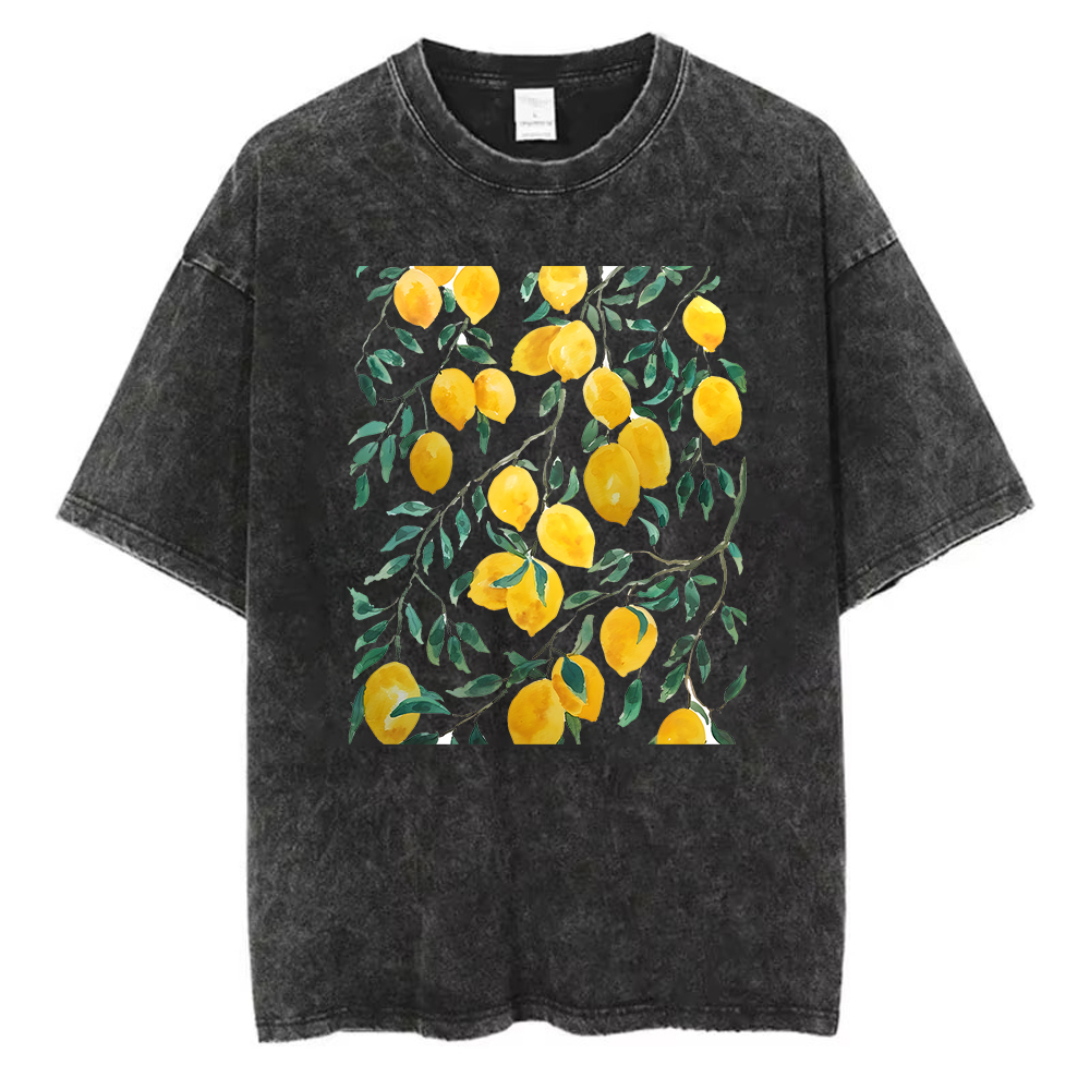 Acid Wash Vintage Graphic T Shirt - Vintage Washed Cotton T-Shirt Men Lemon