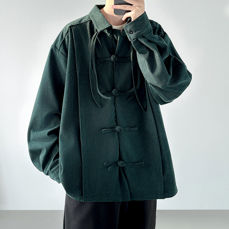 Corduroy Button Up Shirt Men - Men Retro Chinese Style Corduroy Shirt