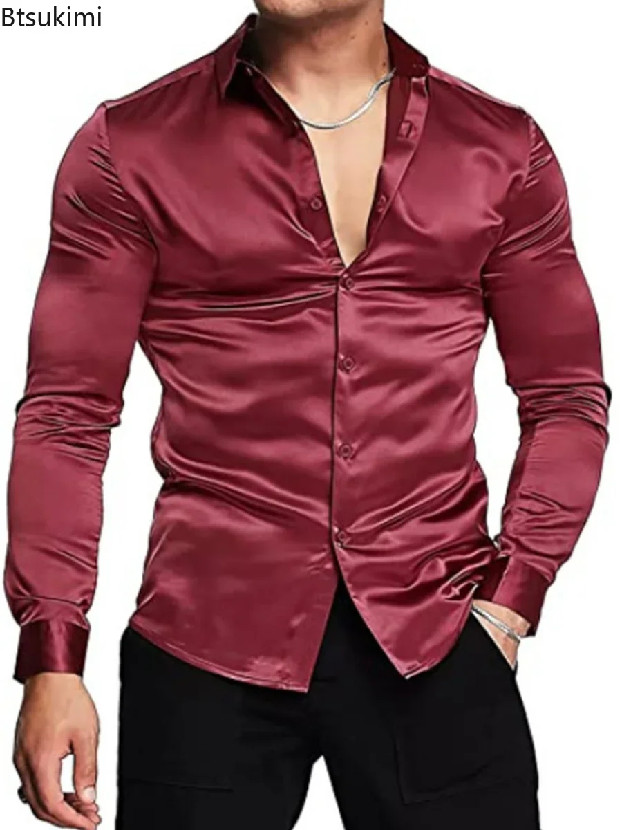 New 2026 Men's Luxurious Shiny - огляд і ціна Mens Satin Silk Dress Shirt