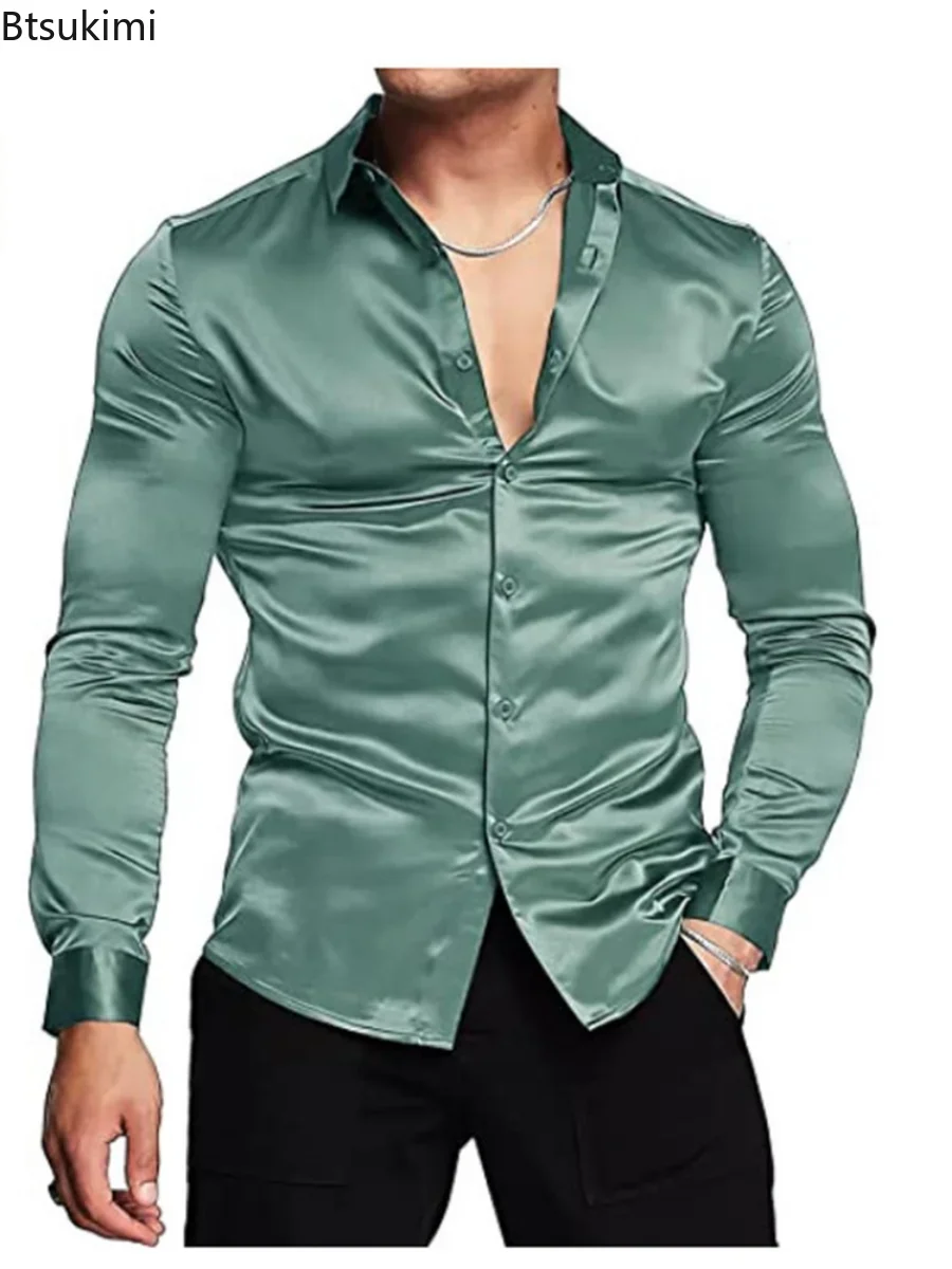 New 2026 Men's Luxurious Shiny - огляд і ціна Mens Satin Silk Dress Shirt